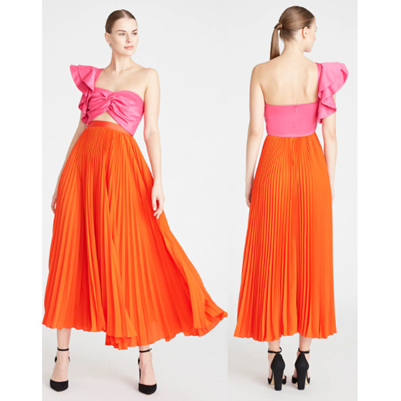 AMUR Cleopatra Colorblock Pleated Asymmetrical A-Line Maxi Dress Pink / Orange 4 - Picture 1 of 6